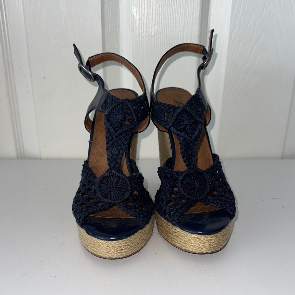 Lucky Brand Rilo Navy Blue Crochet Macramé Espadrilles Wedge Sandals - Size 9.5